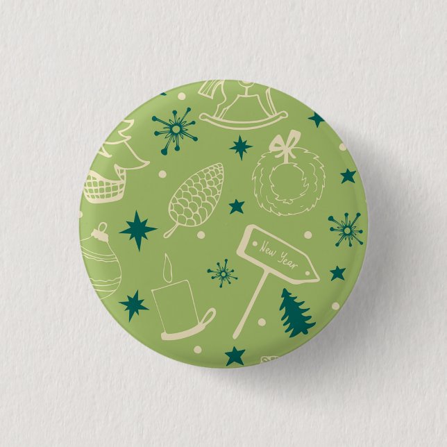 Green Background With Christmas Trees, Signs, Star 3 Cm Round Badge (Front)