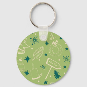 Green Background With Christmas Trees, Signs, Star Key Ring
