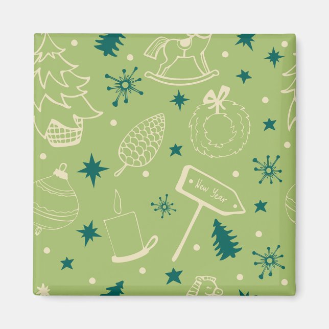 Green Background With Christmas Trees, Signs, Star Magnet (Front)