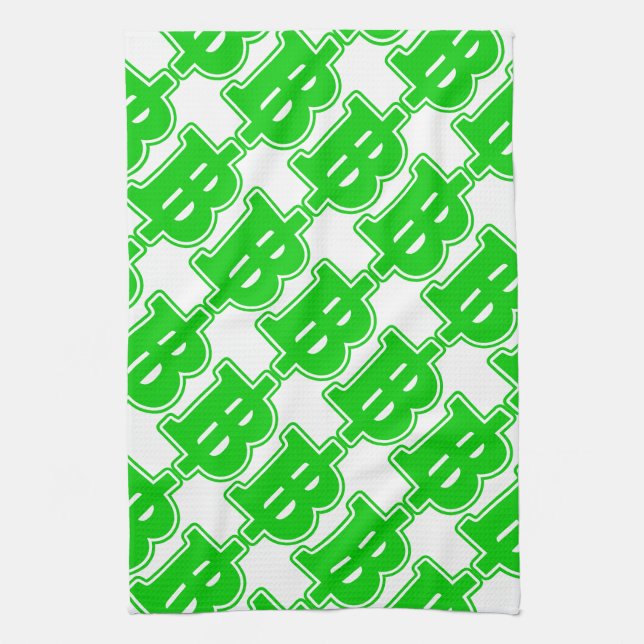 GREEN BAHT SIGN ฿ Thai Money Currency ฿ Tea Towel (Vertical)