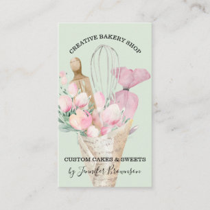 Green Bakery Pastry Chef Pink Flowers Boho Business Card