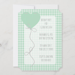 Green Balloon and Gingham Birthday Invitation