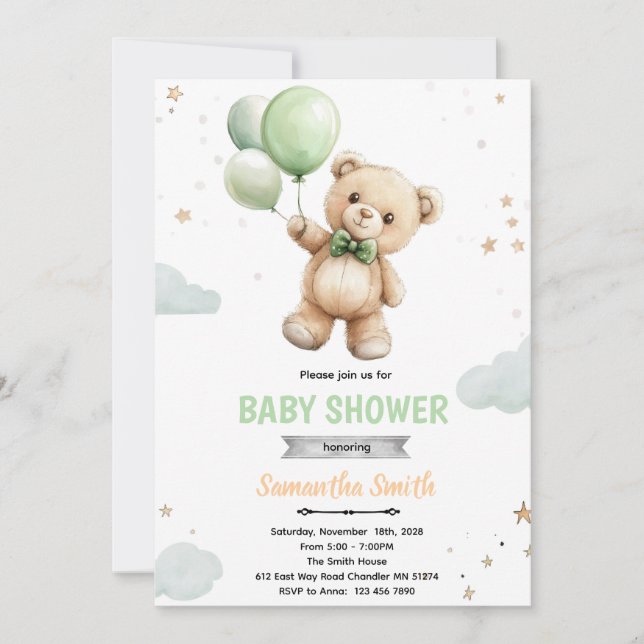 Green balloon bear baby shower invitation (Front)