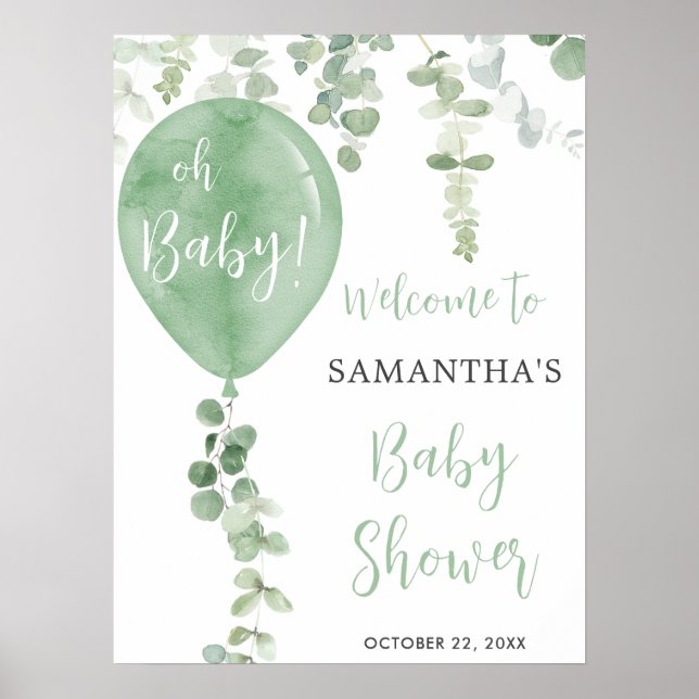 Green balloon eucalyptus baby shower welcome sign (Front)