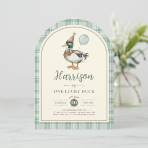 Green Balloon One Lucky Duck Gingham 1st Birthday Invitation