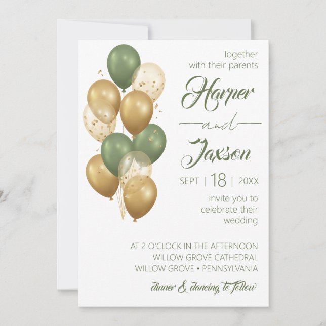 Green Balloons. Elegant wedding Invitation (Front)
