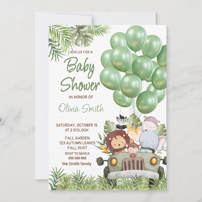 Green balloons Safari Animals Baby Shower Invitation (Front)