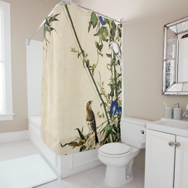 Green Bamboo and Morning Glory Fine Art Shower Curtain (In Situ)