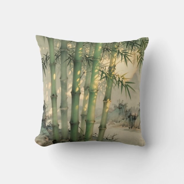 Green Bamboo Forest Chinese Ink Cushion (Front)