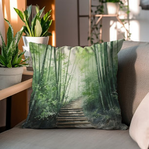 Green Bamboo Forest Watercolor Decorative Cushion