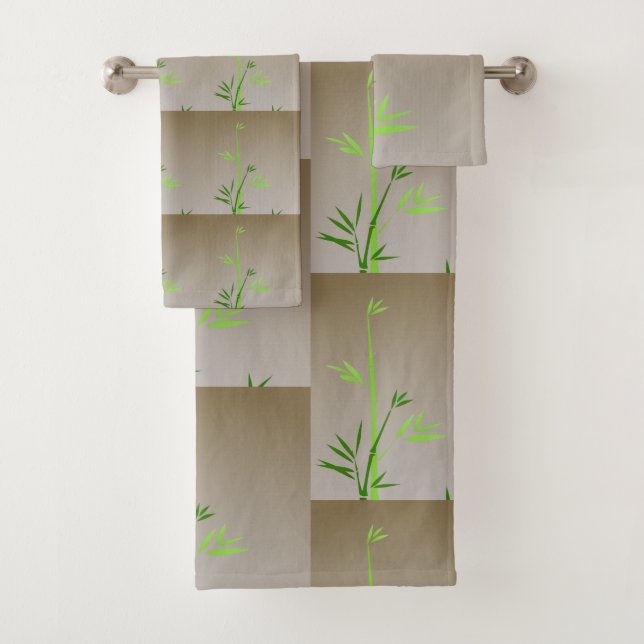 Green Bamboo on Taupe Tiles Contemporary Bath Towel Set (Insitu)