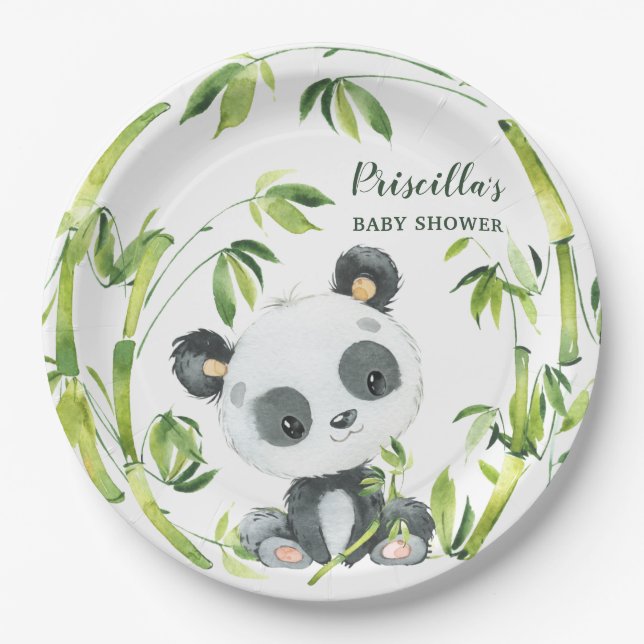 Green Bamboo Panda Gender Neutral Baby Shower Paper Plate (Front)