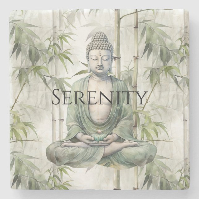 Green Bamboo Serenity Buddha Stone Coaster (Front)