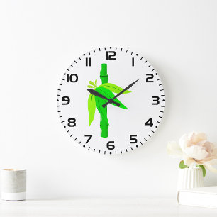 Green Bamboo Stalk with Tropical Leaves  Large Clock