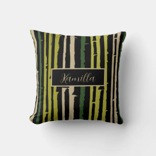 Green Bamboo Stripes on Black Cushion