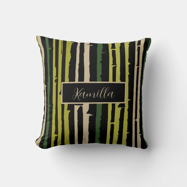 Green Bamboo Stripes on Black Cushion (Front)