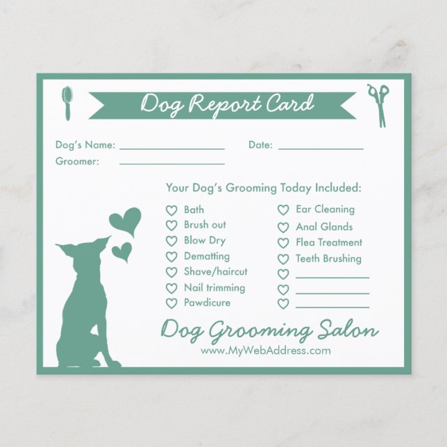 Green Banner Silhouette Dog Grooming Report Card (Front)