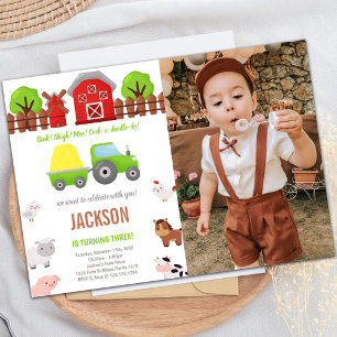 Green Barnyard birthday invitations with photo