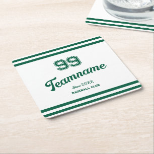 Green Baseball Club Custom Player Number & Team Square Paper Coaster