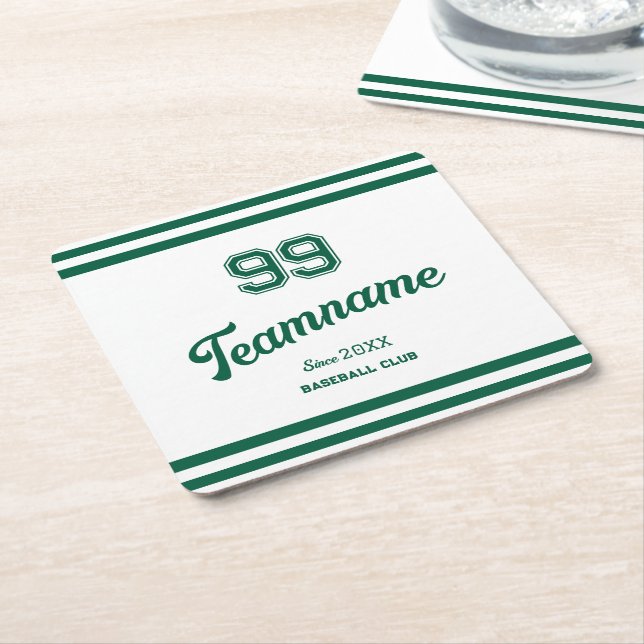 Green Baseball Club Custom Player Number & Team Square Paper Coaster (Angled)