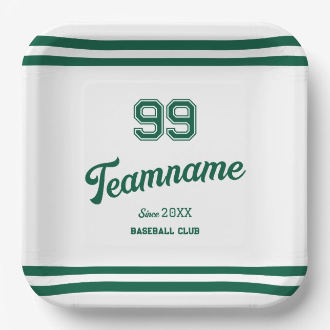 Green Baseball Custom Player Number & TeamName Paper Plate (Front)
