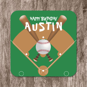 Green Baseball Field Happy Birthday  Square Paper Coaster