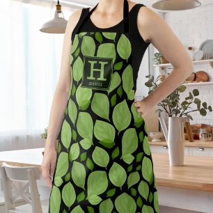 Green Basil Herb Leaf Pattern Botanical Monogram Apron