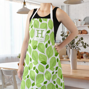 Green Basil Herb Leaf Pattern Botanical Monogram Apron