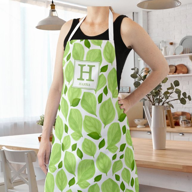 Green Basil Herb Leaf Pattern Botanical Monogram Apron (Creator Uploaded)