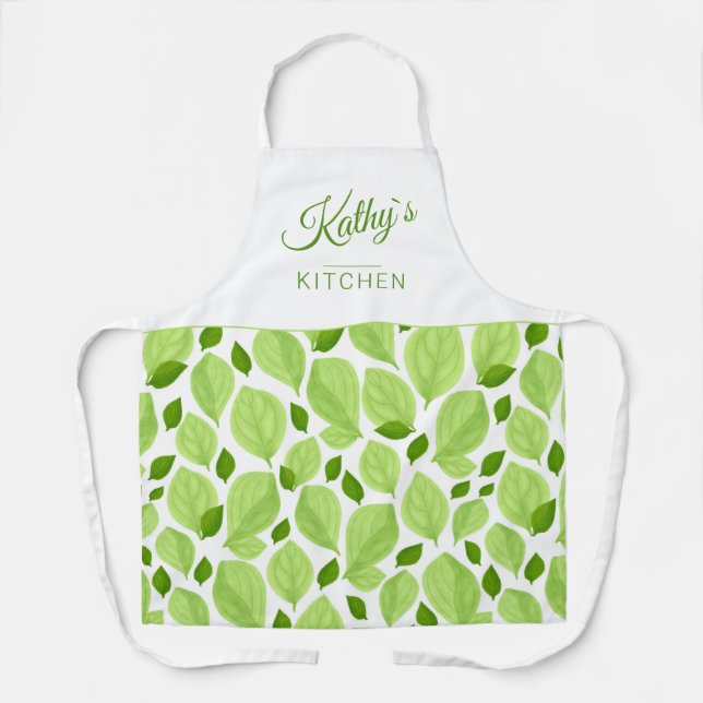 Green Basil Herb Leaf Pattern Botanical Name Apron (Front)