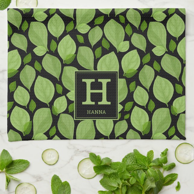 Green Basil Leaf Herb Pattern Botanical Monogram Tea Towel (Folded)