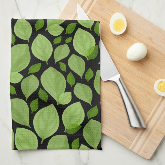 Green Basil Leaf Herb Pattern Botanical  Tea Towel (Quarter Fold)