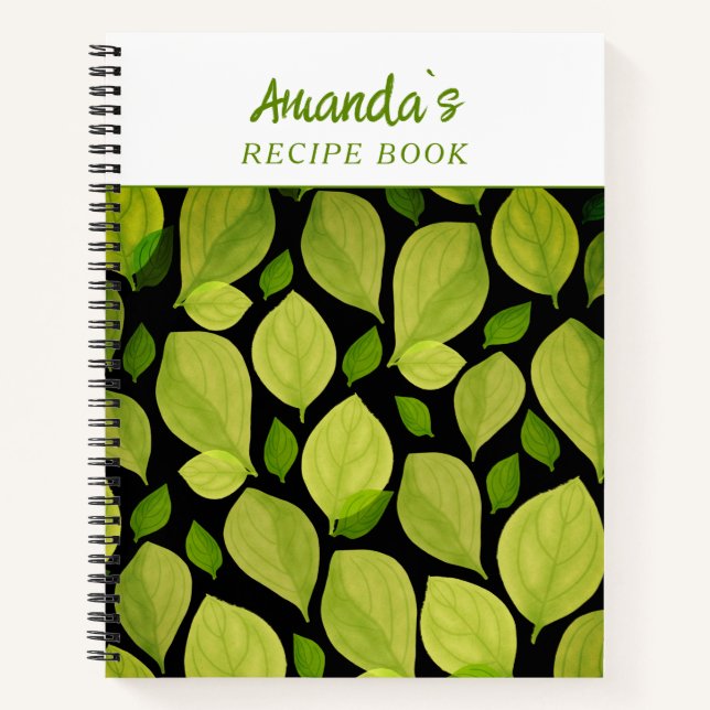 Green Basil Leaves Hand drawn Pattern Recipe Book (Front)