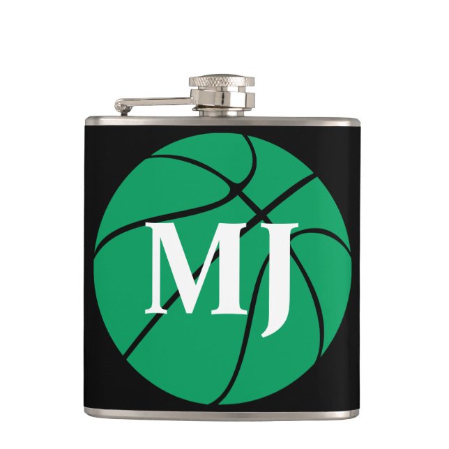 Green Basketball Player Custom Initials or Number Hip Flask (Front)