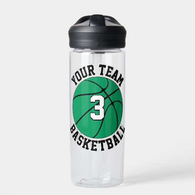 Green Basketball Player Custom Team Name & Number Water Bottle (Front)