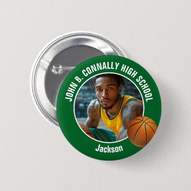 Green Basketball Player Photo High School Spirit 6 Cm Round Badge (Front & Back)