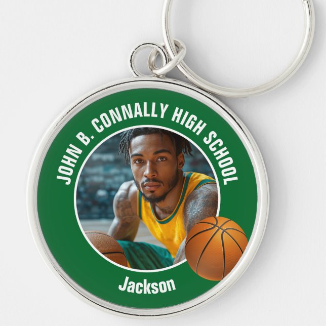 Green Basketball Player Photo High School Spirit Key Ring (Front)