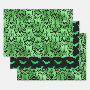 Green Bat & Skull Halloween Damask Patterns Wrapping Paper Sheet