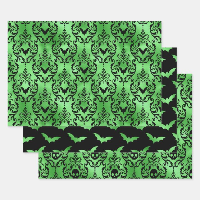 Green Bat & Skull Halloween Damask Patterns Wrapping Paper Sheet (Set)