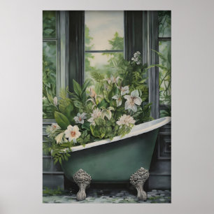 Green Bathtub Flower Print, Botanical Cottagecore Poster