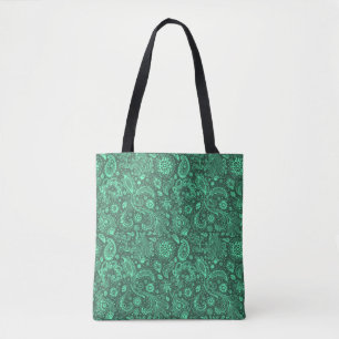 Green batik boho style floral paisley pattern tote bag