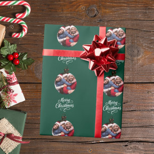 Green bauble photo fun script Christmas Wrapping Paper