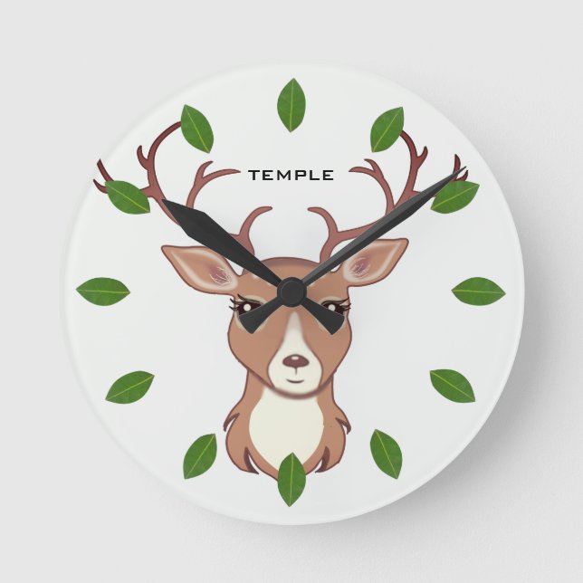 Green Bay Leaves & Cute Reindeer Face Round Clock (Front)