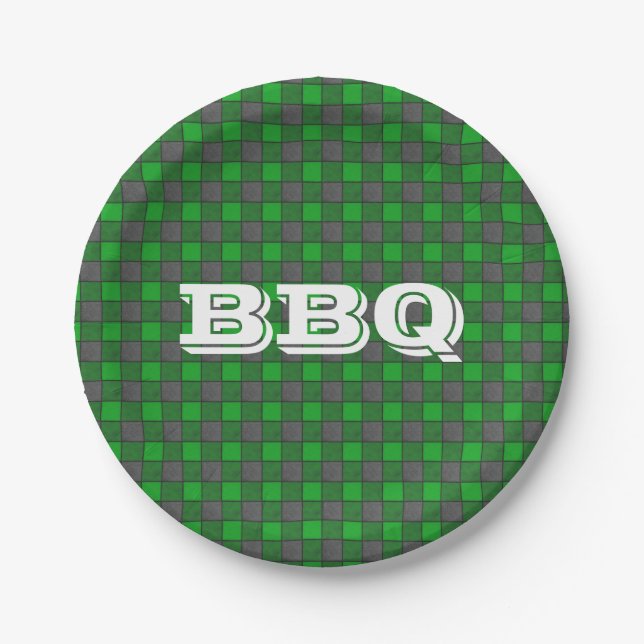 Green BBQ Monogram Check Small Paper Plate (Front)