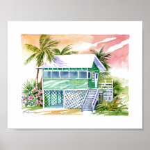 Green Beach Cottage Tropical Island Watercolor