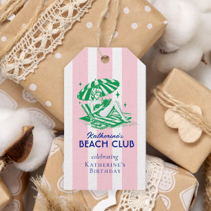 Green Beach Girl Pink Stripes Birthday Party Gift Tags