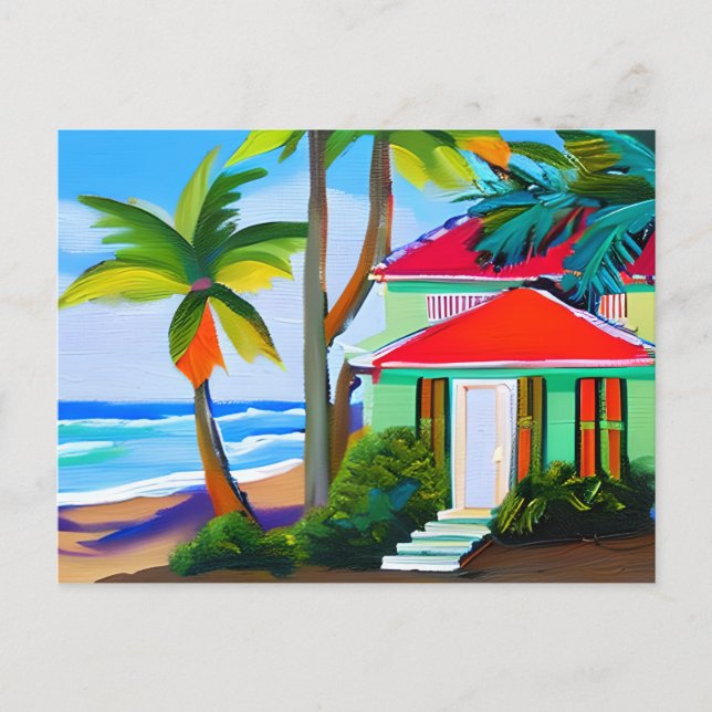 Green Beach House, Palm Trees and Ocean Postcard (Front)