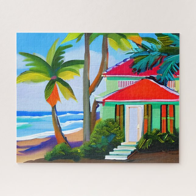 Green Beach House Tropical Ocean Art Jigsaw Puzzle (Horizontal)