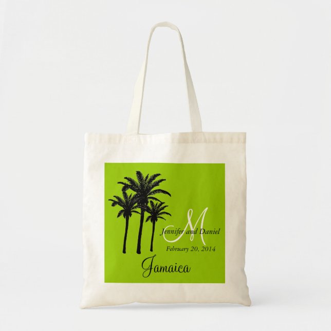 Green Beach Wedding Tote Bag with Palm Trees (Front)