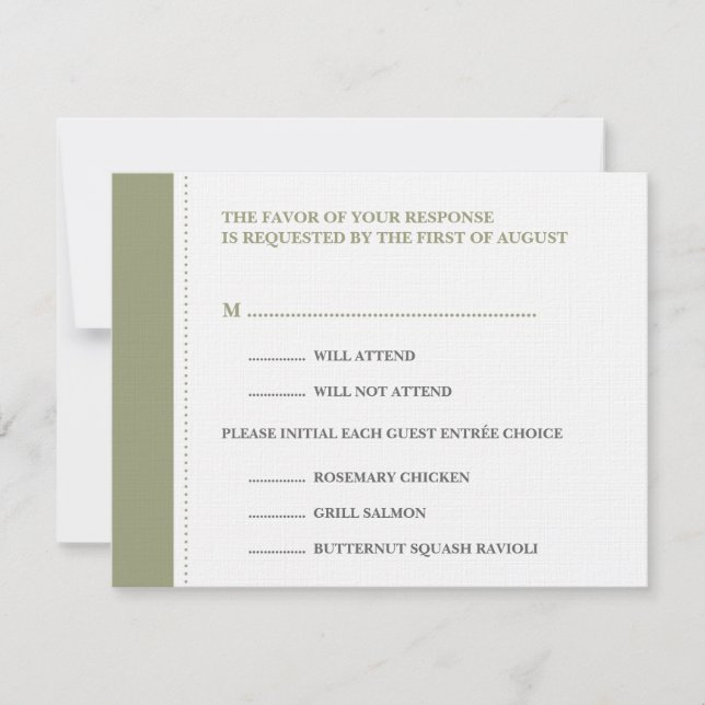 Green beaded border wedding RSVP response card (Front)